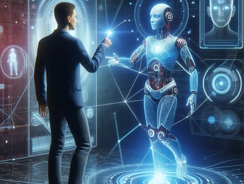Pessoa interagindo com um avatar num ambiente virtual, mostrando um relacionamento com inteligência 