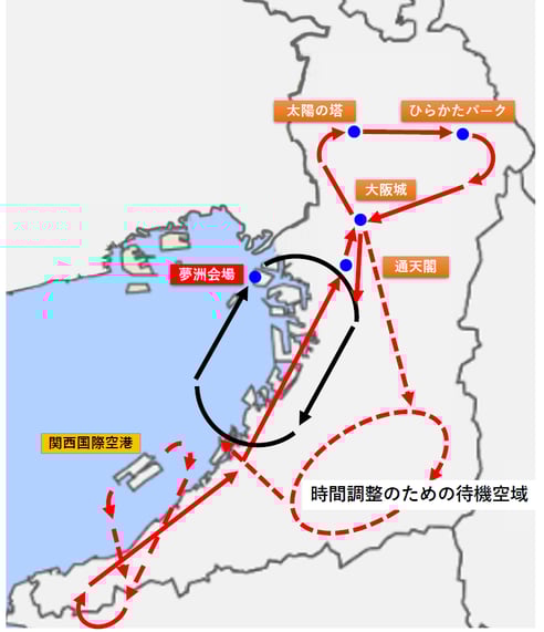 7月12日(土)と13日(日)に予定されてるブルーインパルスの展示飛行の公式飛行ルートの地図画像