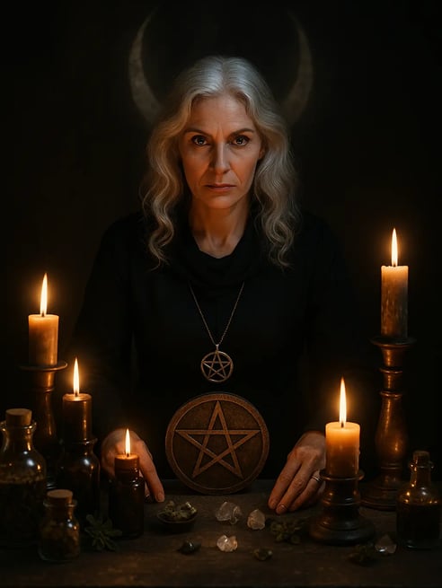 Bruja Samara canalizando ritual ancestral con velas, piedras y simbolo de protección en altar espiritual.