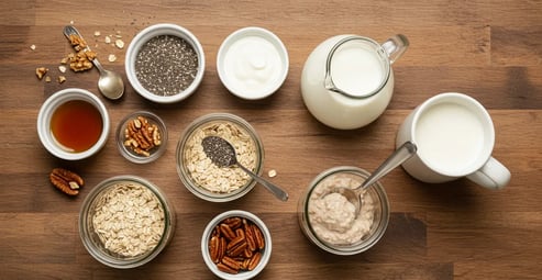 Overnight oats ingredients on a wooden surface.
