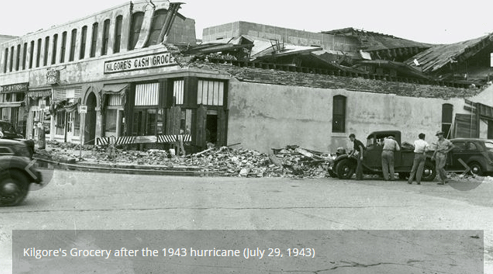 Grocery store damaged after 1943 Surprise Hurricane