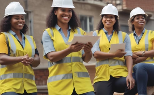 Three construction workers wearing safety gear and hard hats are actively engaged in building activities at a construction site. They are surrounded by metal rebar, wooden planks, and other construction materials.