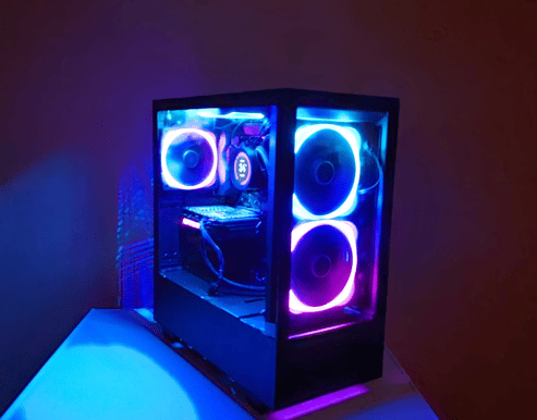 a computer case with a blue light on it