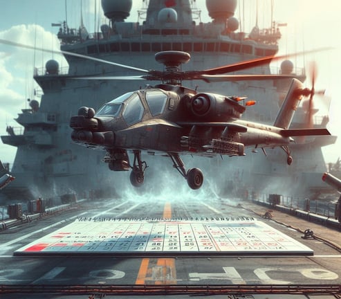 A helicopter hovering on a war ship flight deck