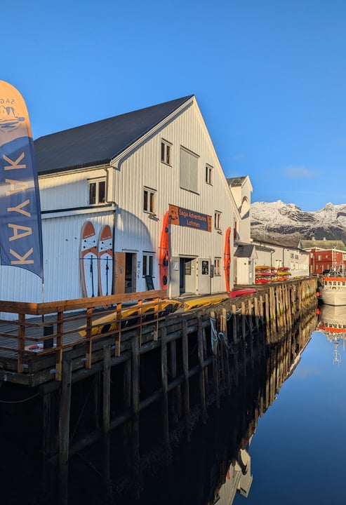 Saga Adventures Lofoten kayak rental in Hamnøy, just steps from Maritime Munchies fish and chips