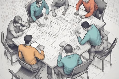 a group of people sitting around a table with a map, during a meeting