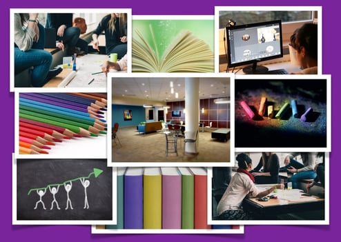 collage of photos: groups of teens, student at computer, learning lounge, school supplies