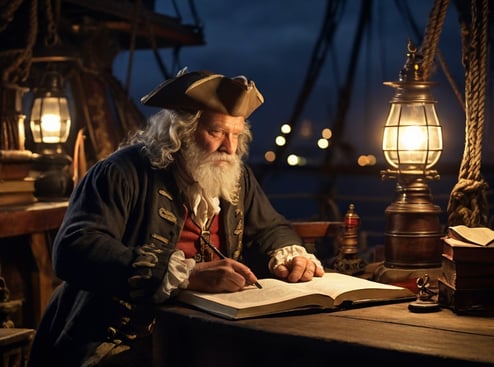 old pirate writing a in a book at night