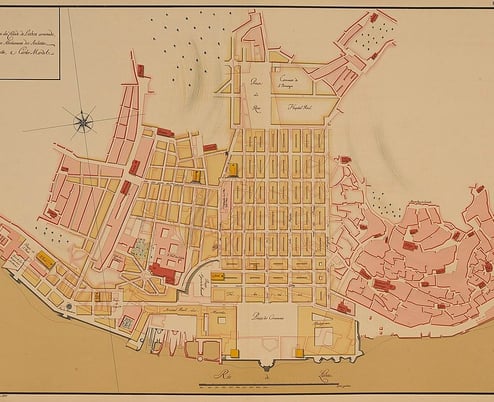 he old Topographic map of the ruined city of Lisbon with new planned to build areas