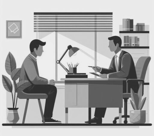 A vector illustration of two men engaged in 1-on-1 consultation session in an office