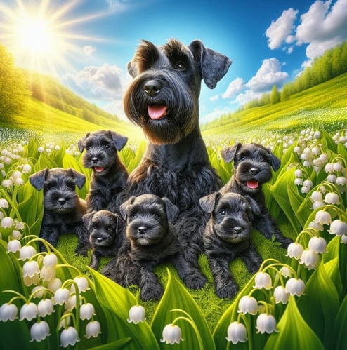 Femelle Schnauzer miniature et ses chiots