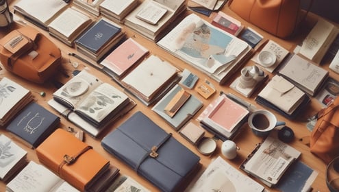 A variety of colorful stationery items and small toys are arranged on a light wooden surface, including a white llama with a colorful design, vibrant clothespins, paperclips, a red geometric shape, and a cactus. A pink sticky note with a black hashtag symbol is also present.