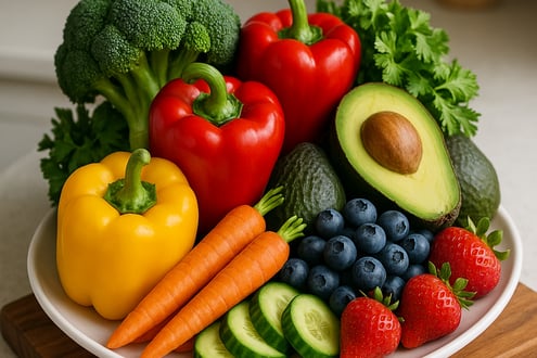 a plate of fruits and vegetables on a cutting board