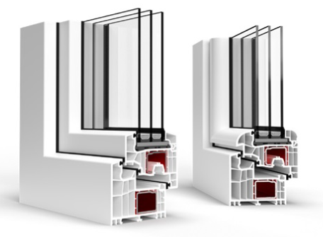a pair of windows with a white frame and a red window