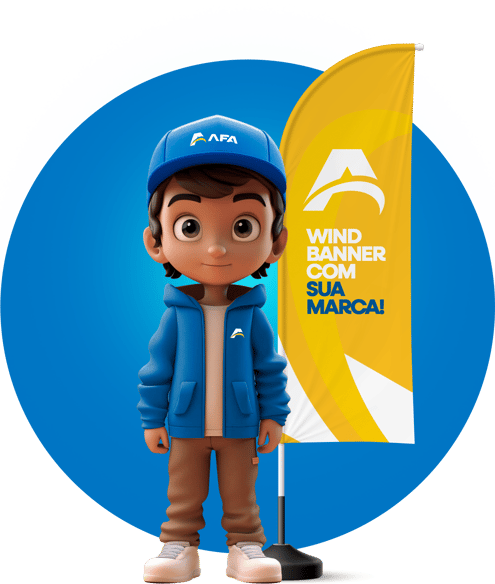 criança utilizando uniforme personalizado atrás dela tem um windbanner também personalizado