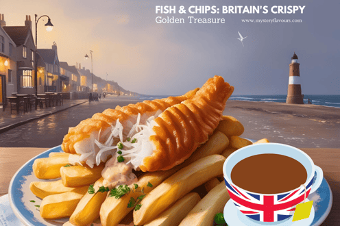 Authentic English Cuisine Fish & Chips: Britain's Crispy, Golden Treasure, flaky Fissh fluffy chips