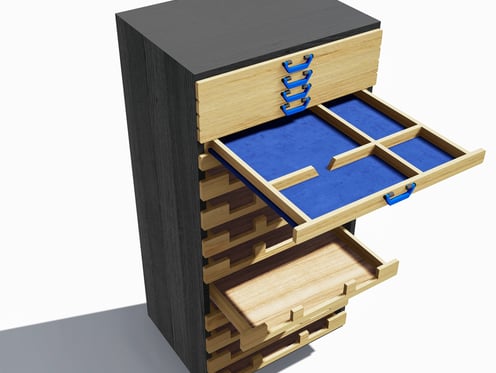 Digital mockup of the small parts storage with several racks open.