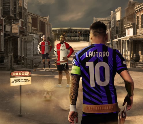 Photoshopped image of lautaro Martinez looking at footballer paixao in a western style