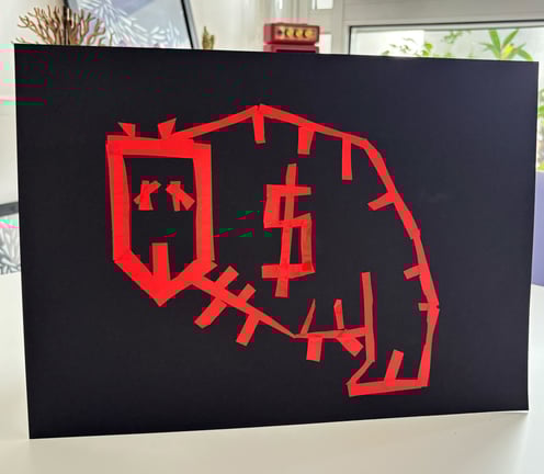 arte com fita isolante vermelha em papel preto. Desenho estilizado de um mico com um cifrão no meio.