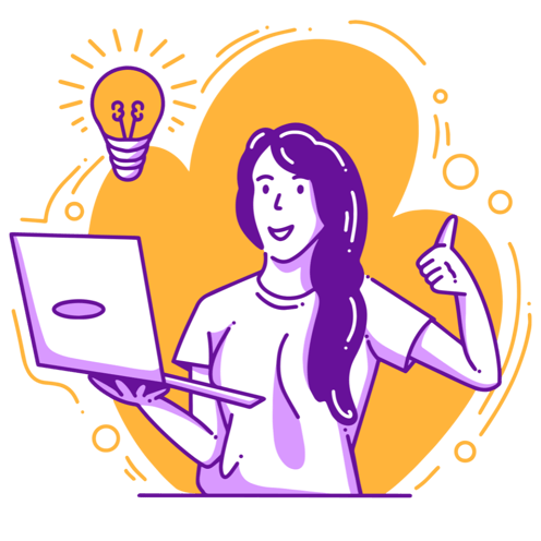 Grafik av glad kvinna med långt svart hår som håller en laptop och gör tummen upp.