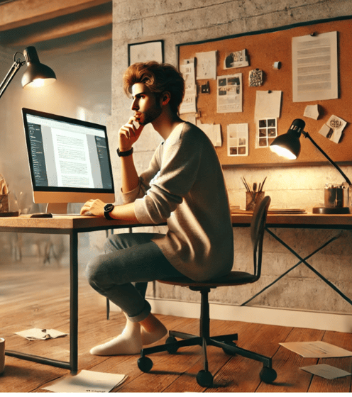 a man sitting at a desk with a computer monitor and a laptop