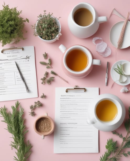 a cup of tea on a pink background with pdf checklists on the table. 