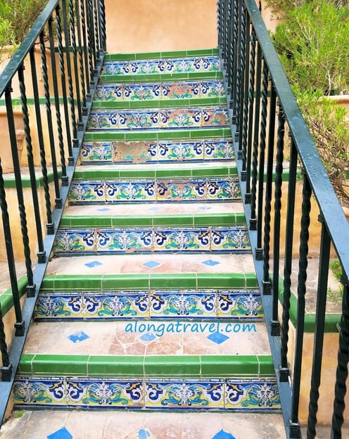 a staircase with colorful azulejos used in old Mudejar architecture in Europe