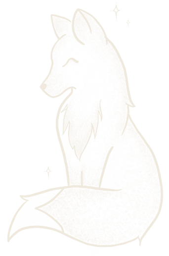 A hand drawn illustration of a fox sitting with his tail wrapped around him.