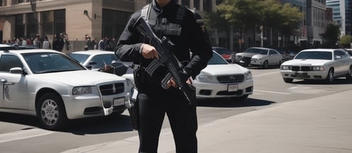 A line of law enforcement officers wearing protective gear and holding transparent shields marked with various titles such as 'Police,' 'Sheriff,' and 'State Patrol.' They are positioned in front of a grand building with detailed architecture, suggesting a tense or prepared atmosphere, possibly related to crowd control or a protest.