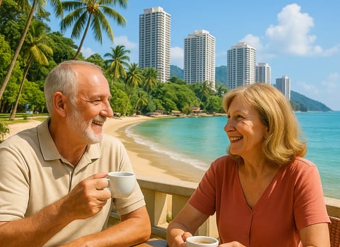 Retired couple enjoying coffee on a sunny beachside terrace in Malaysia