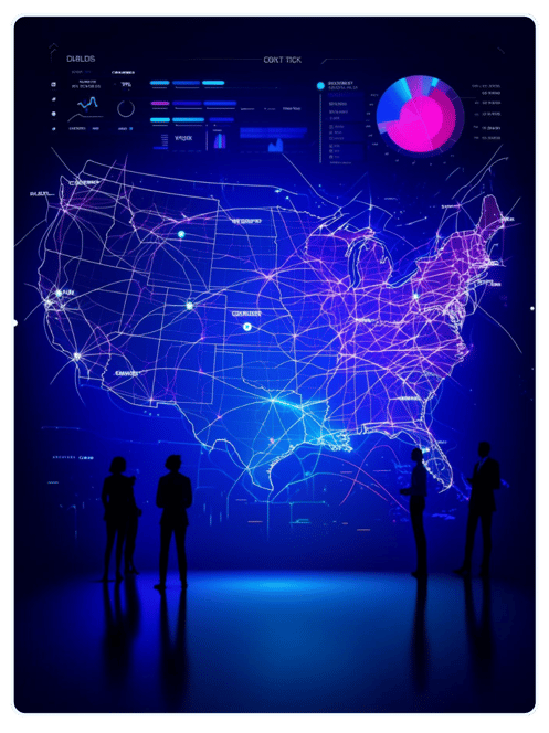 professionals analyzing a data-rich digital map of the United States