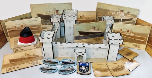 Engraved laser 3D printing artwork ocean liners medieval castles magnets funnels