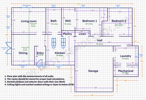 Example floor plan and information needed for Manual JS Room by room load calcultions