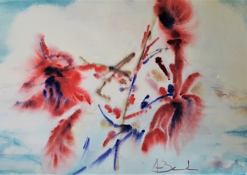 Peinture moderne sur fond de ciel bleu et fleurs rouges et bleues