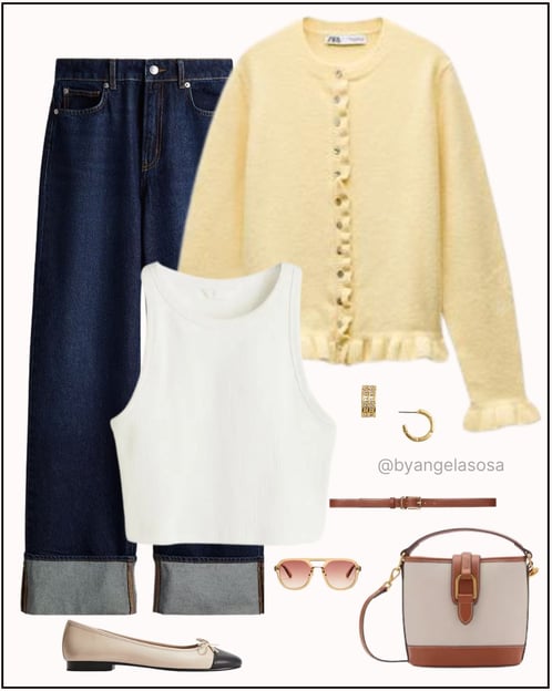 Outfit con jean oscuro y cárdigan amarillo pastel