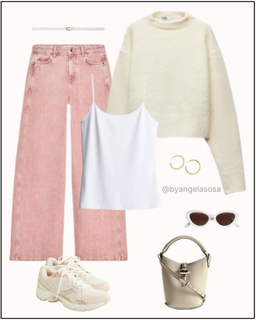 Outfit con jean rosados, suéter beige y tenis