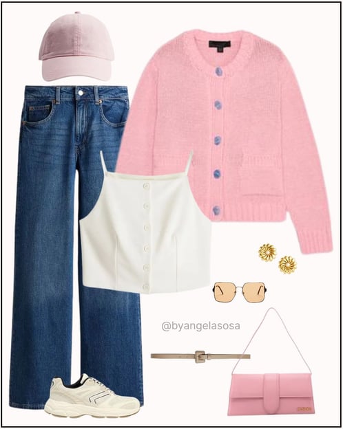 Outfit casual con jeans y suéter rosado