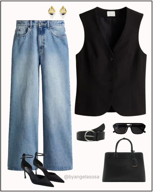 Outfit casual elegante con jeans y chaleco negro