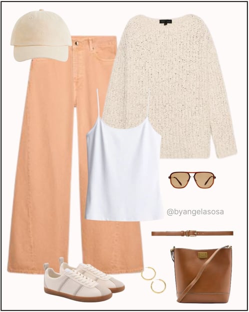 Outfit casual con jeans color melocotón, suéter beige y tenis