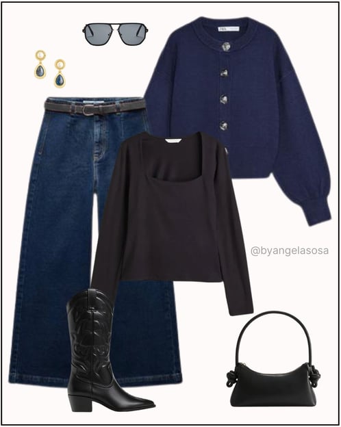 Outfit con jeans, suéter azul y botas vaqueras
