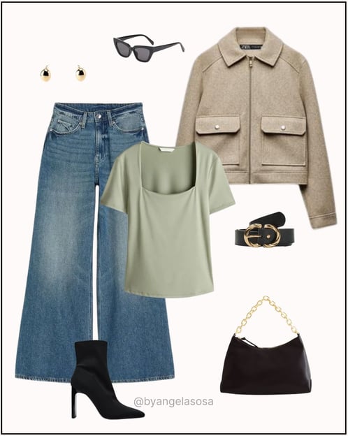 Outfit con jean, blusa verde, chaqueta beige y botines negros