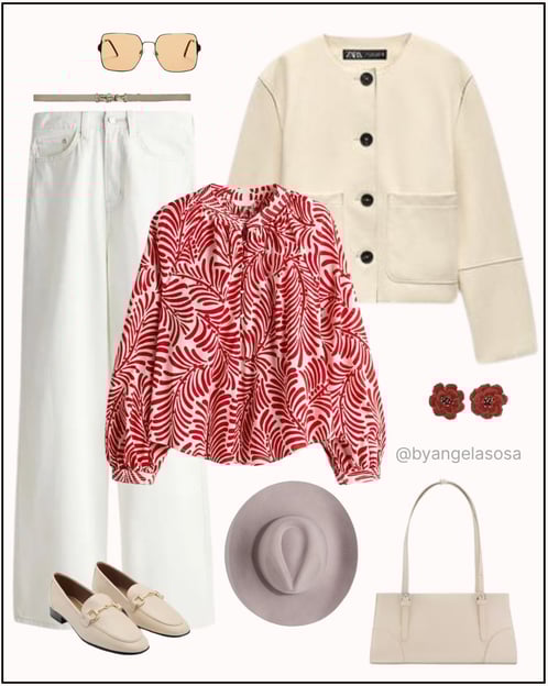 Outfit con jean blanco, blusa roja y chaqueta beige