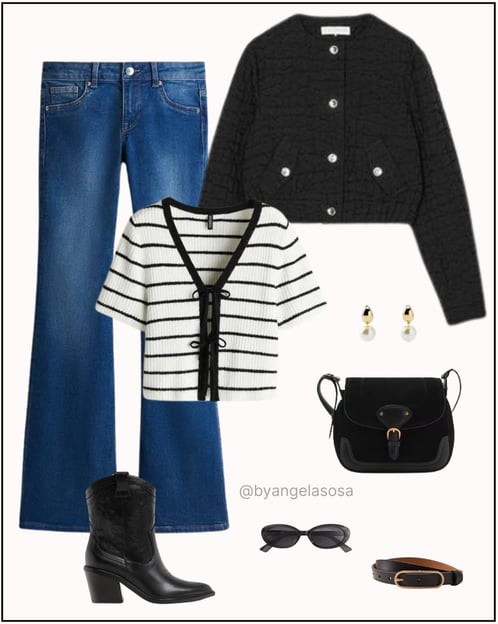 Outfit con jean acampanado, botas cowboy y chaqueta negra