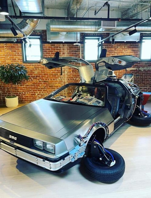 A car from the movie "Back to the Future" in the Google office