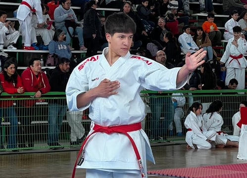 adolecente con traje de karate realizando movimientos de defensa personal en competencia