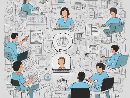 The image features an open laptop displaying an online shopping website. The screen shows various t-shirts with artistic designs, priced in euros. The setting appears to be in a cafe or a relaxed workspace, with blurred figures and warm lighting in the background.