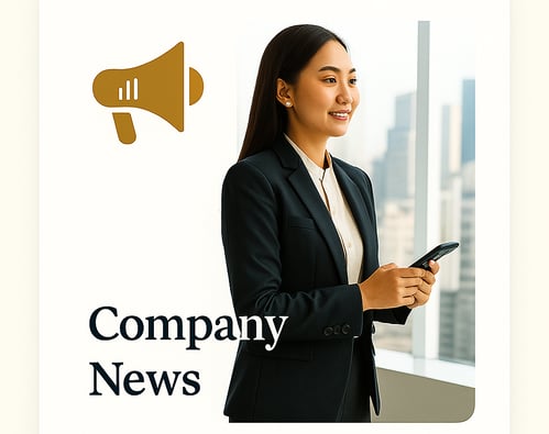 Company News card featuring a golden megaphone icon next to a professional Indonesian businesswoman 
