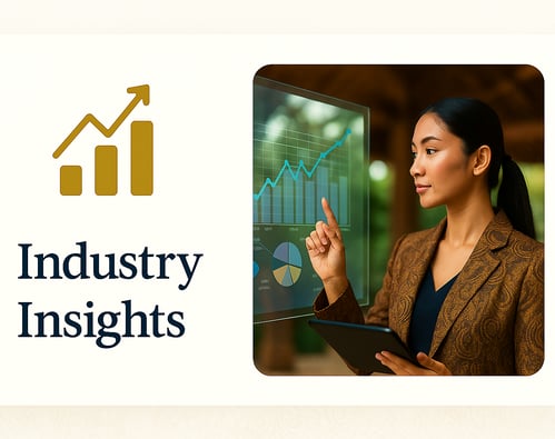 Industry Insights card with a golden rising bar chart icon and a business professional in a fancy ba