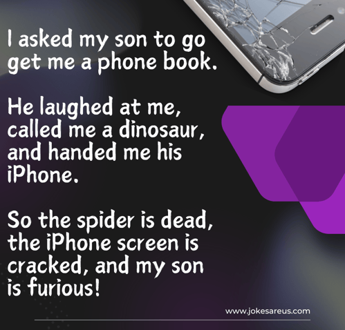 Asked my son to get me a phone book. He handed me his iPhone. Spider is dead, iPhone is cracked