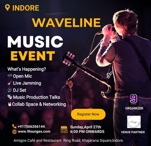 A promotional poster for WAVELINE, a live music event in Indore. The background shows a musicia